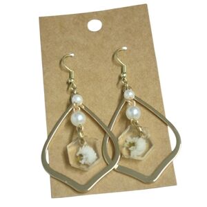 Gold and White Floral Drop Earrings -Hypoallergenic